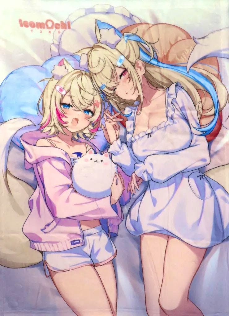 Photo of the blanket printed with two anime-style VTuber characters lying side by side in sleepwear.