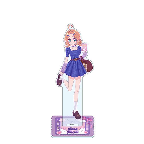 Acrylic character stand of Anna Akechi wearing a blue dress mounted on a purple decorative base.