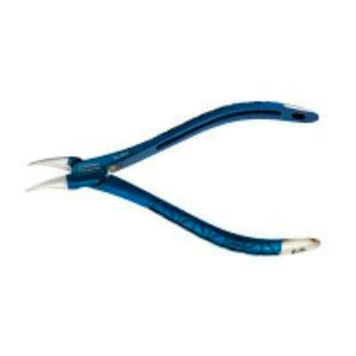 Blue eyeglass pliers with curved handles and angled tips for frame repair.