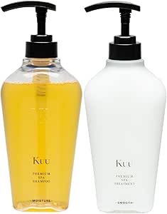 Two pump-top bottles of the shampoo and treatment set, an amber shampoo bottle on the left and a white treatment bottle on the right.