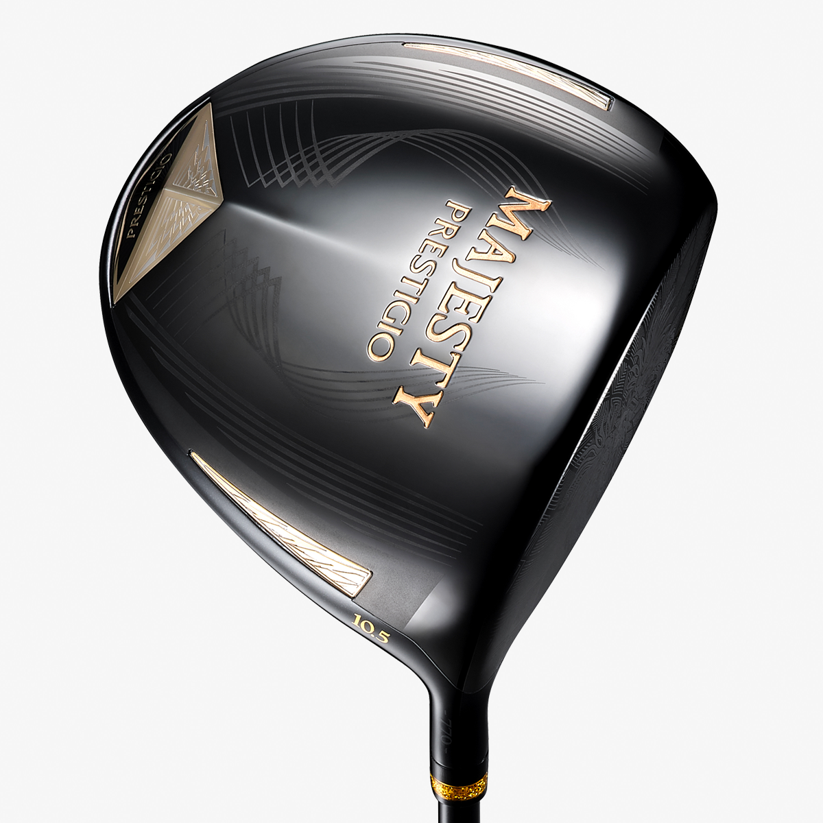 Black Majesty Prestigio golf driver head with gold lettering shown on a white background.
