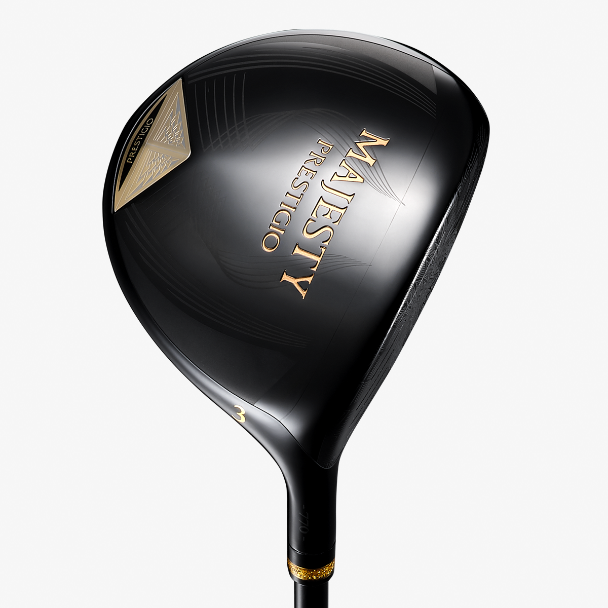 Black Majesty Prestigio fairway wood club head with gold lettering on a white background.