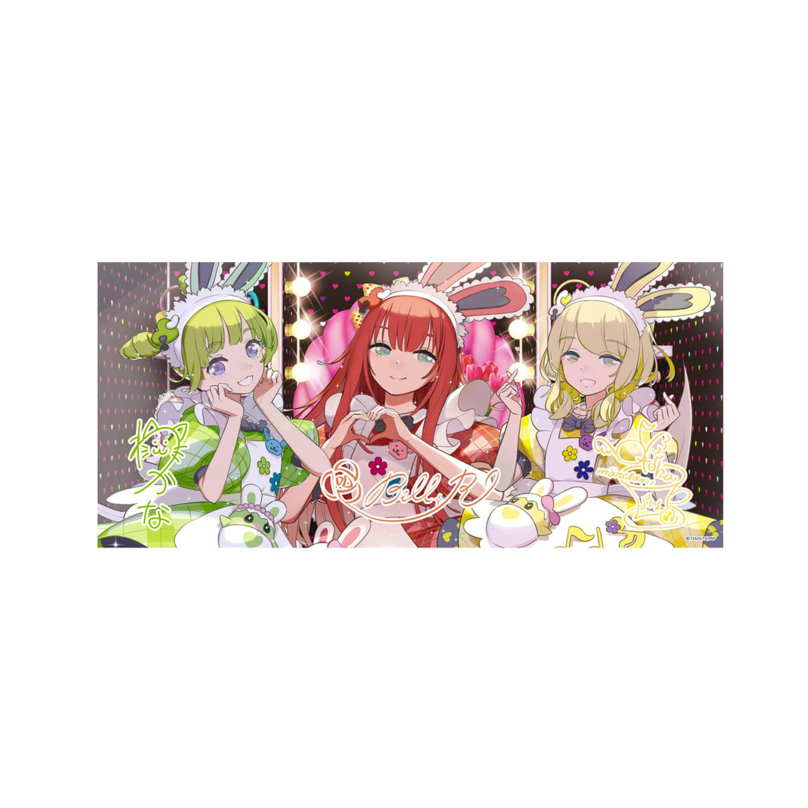 Polyester hand towel showing an illustrated Pretty Rhythm -The Origin- design with three girls in bunny-themed outfits.