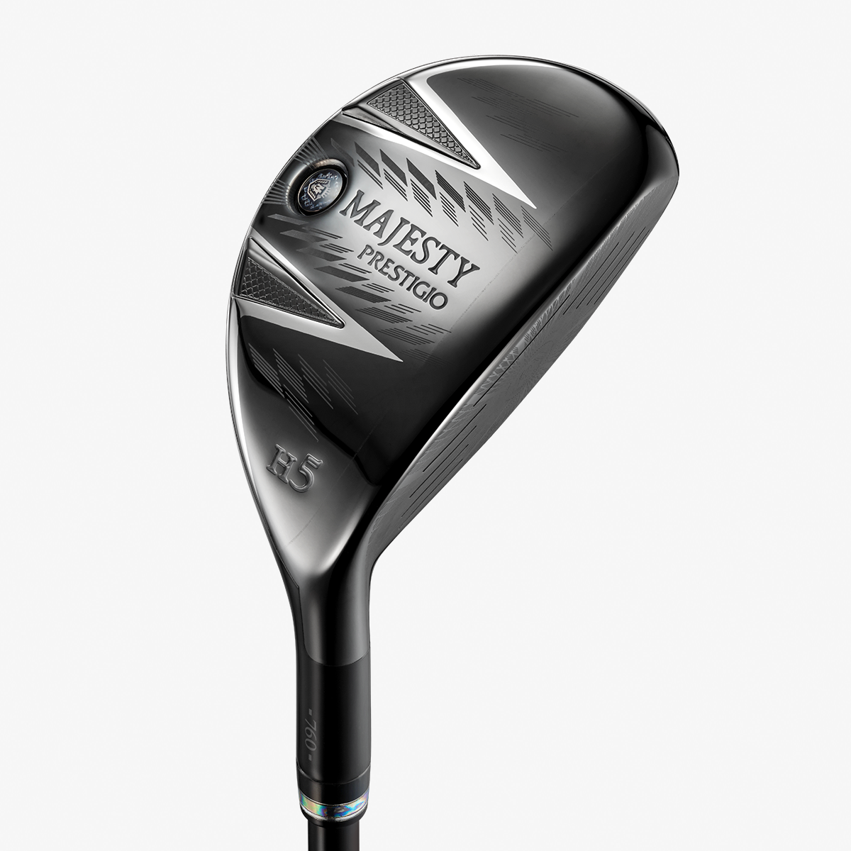 Angled view of the black Prestigio 13 hybrid golf club head attached to a shaft.