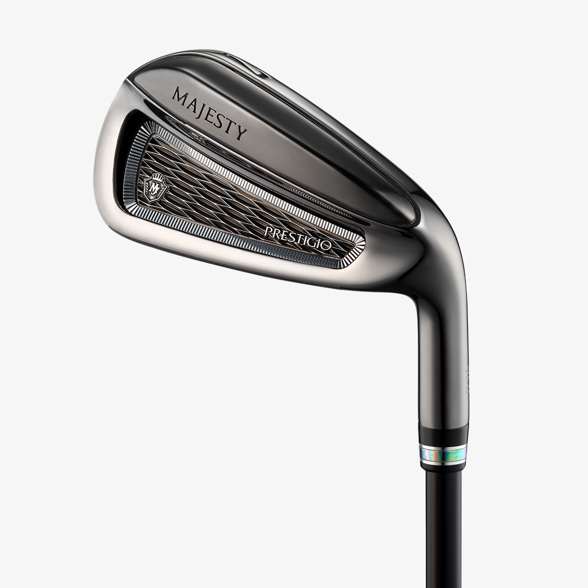 Close-up photo of the プレステジオ 13 ブラック アイアン golf club iron head showing MAJESTY and PRESTIGIO engravings.