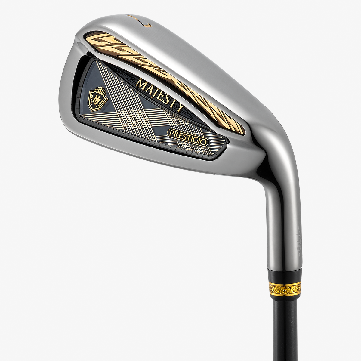 Close-up of a Majesty Prestigio golf iron head with chrome and gold accents on a white background.