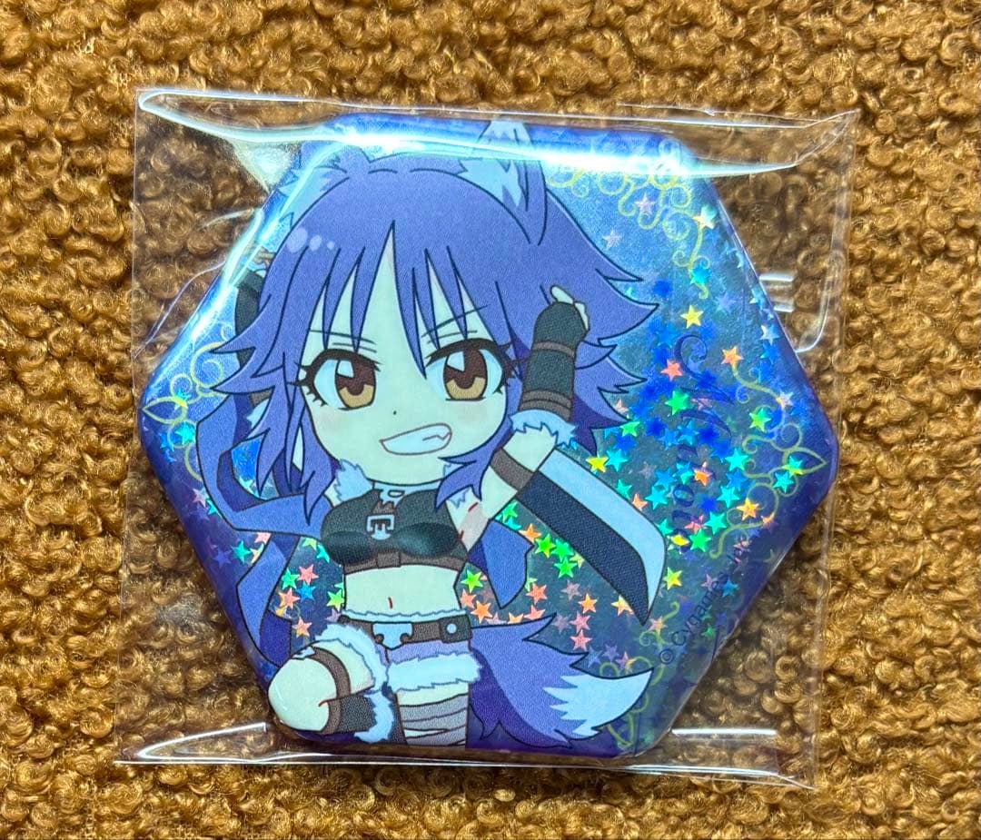 A hexagonal holographic can badge showing Makoto from Princess Connect in chibi style, sealed in clear plastic on a textured surface.