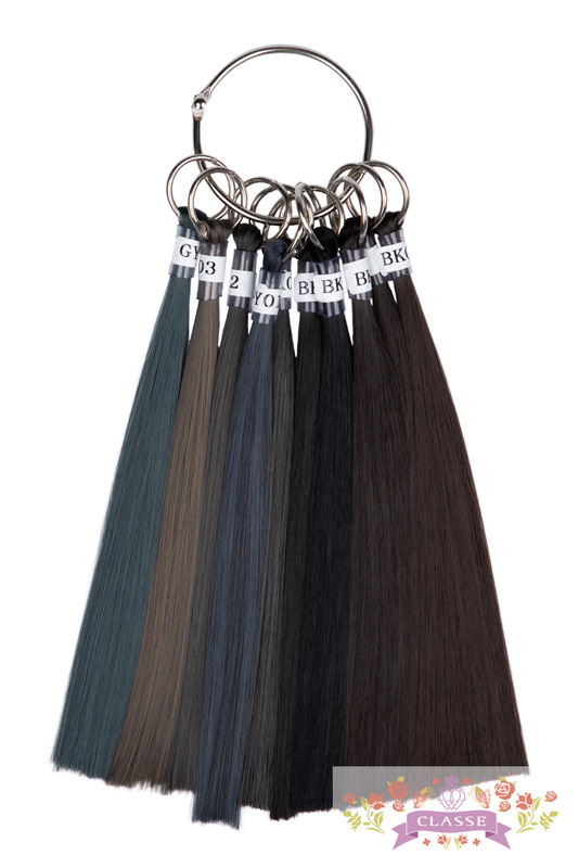 Ring of synthetic wig color swatches displaying black and gray tones on a metal ring.