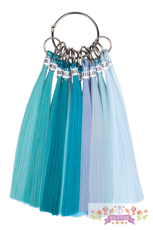Ring of synthetic wig hair color swatches showing blue and light-blue shades.