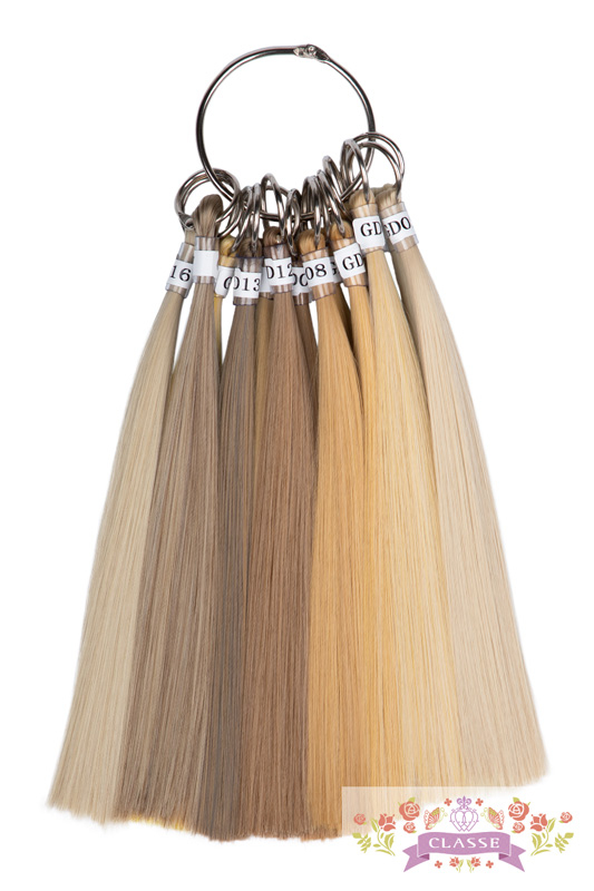 Ring of synthetic wig color swatches showing a range of blonde to light‑brown shades.