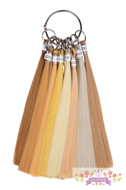 Color chart of synthetic wig hair swatches on a metal ring displayed on a white background.