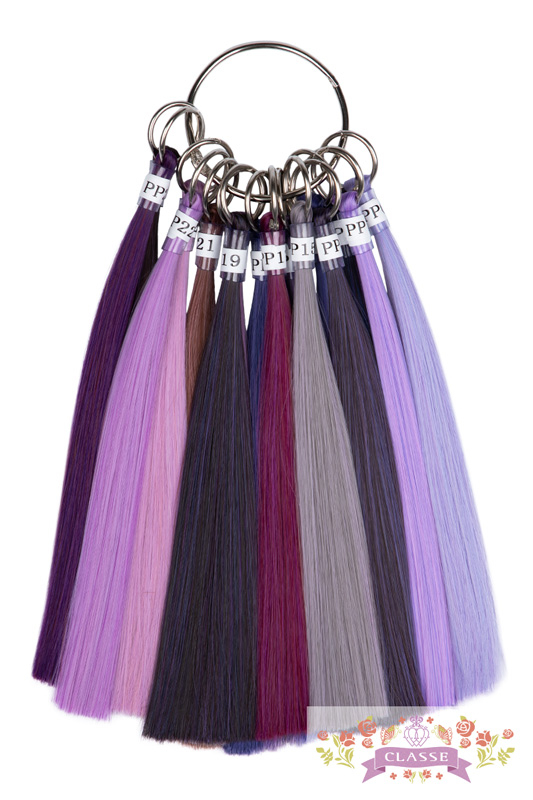 A metal ring holding synthetic wig color swatches in various purple, pink, gray, and blue shades.