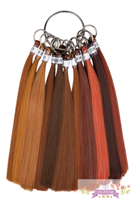 Ring of synthetic wig color swatches in brown to reddish tones on labeled metal rings.