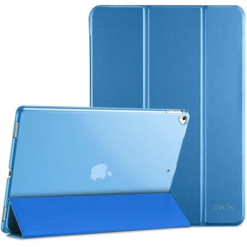 Blue iPad Pro 12.9" case with tri-fold front cover and translucent back, shown with an iPad inserted and the cover folded as a stand.