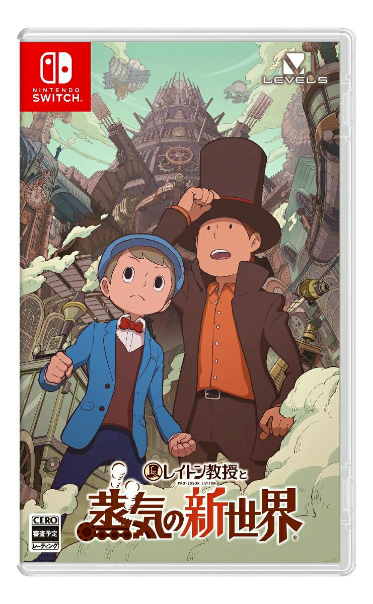 Nintendo Switch game cover art for Professor Layton and the New World of Steam showing two characters standing before a large steampunk tower.