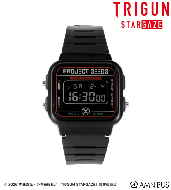 Front view of a black Project SEEDS digital wristwatch with a rectangular display and black strap showing a digital time readout.