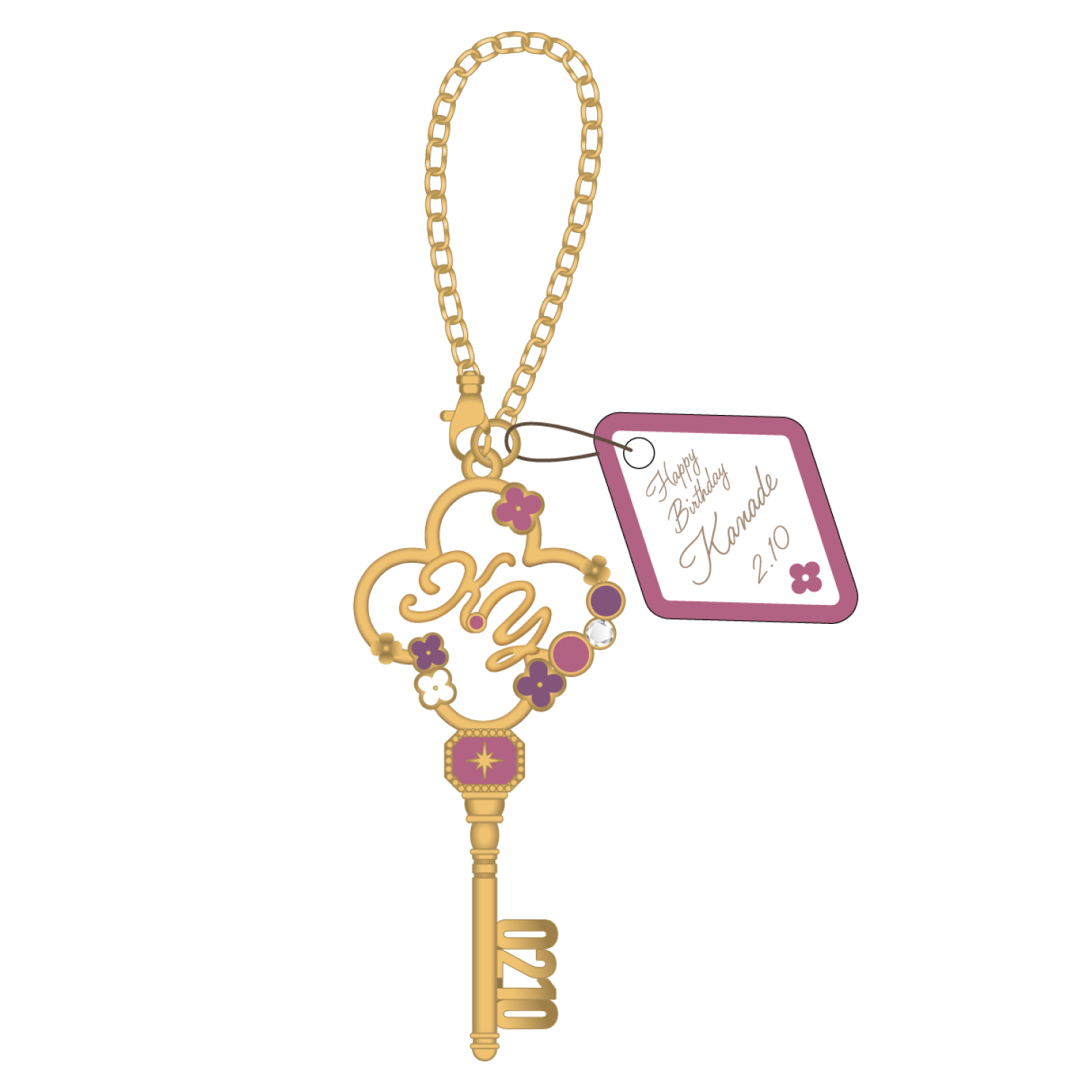Gold key-shaped keychain with floral accents and a purple tag shown on a white background.