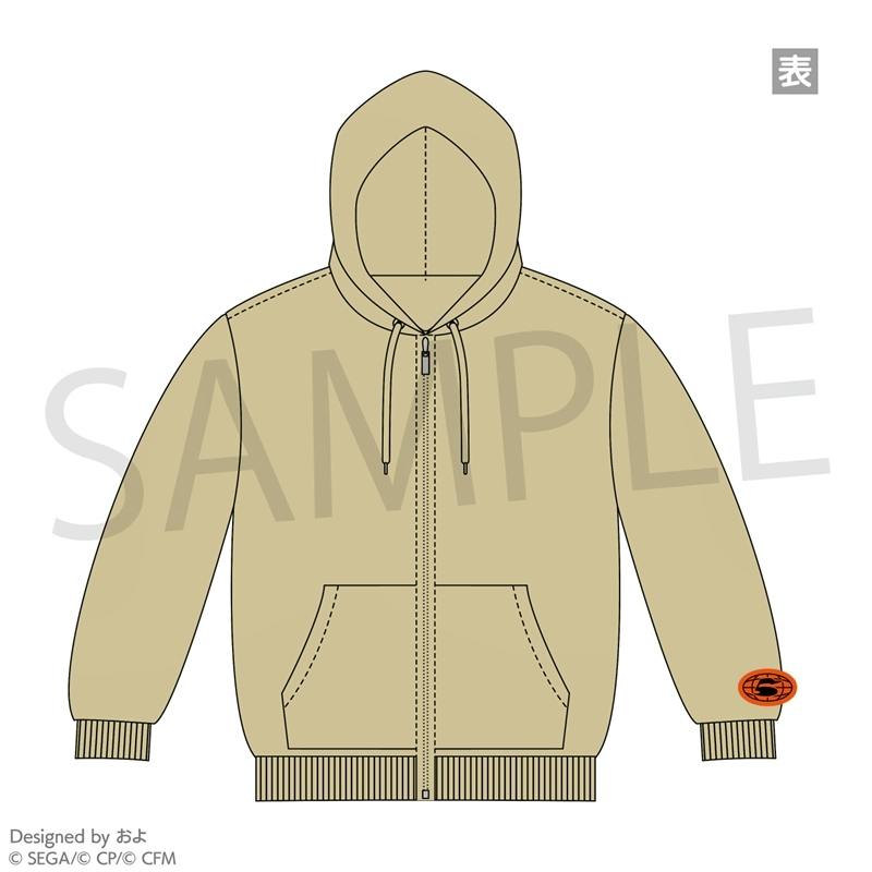 Front illustration of a camel beige zip-up hoodie showing a hood with drawstrings, full-length zipper, kangaroo pocket, ribbed cuffs and hem, and a small circular patch on the left sleeve.