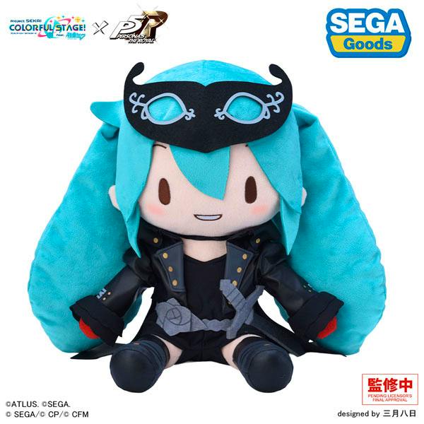 Front-facing plush toy of Hatsune Miku (large) wearing a black mask and black jacket.