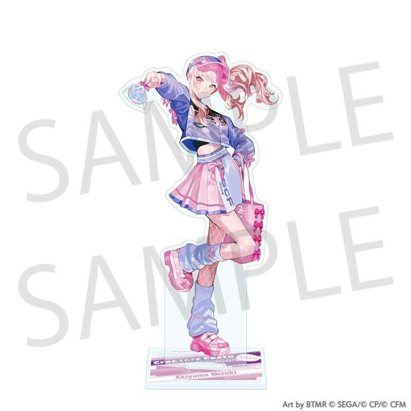 A full-body acrylic stand mockup of Akiyama Mizuki in a pink-and-purple outfit on a rectangular base.