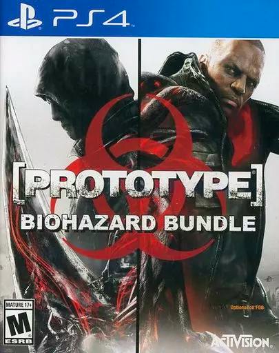 PS4 cover art for PROTOTYPE BIOHAZARD BUNDLE showing two characters flanking a red biohazard symbol and the game title.