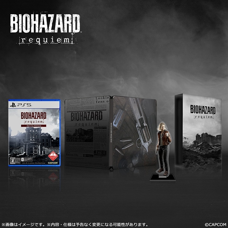 Promotional image showing the PS5 Biohazard: Requiem Collector's Edition contents, including the PS5 game case, collector's box, and a character standee.