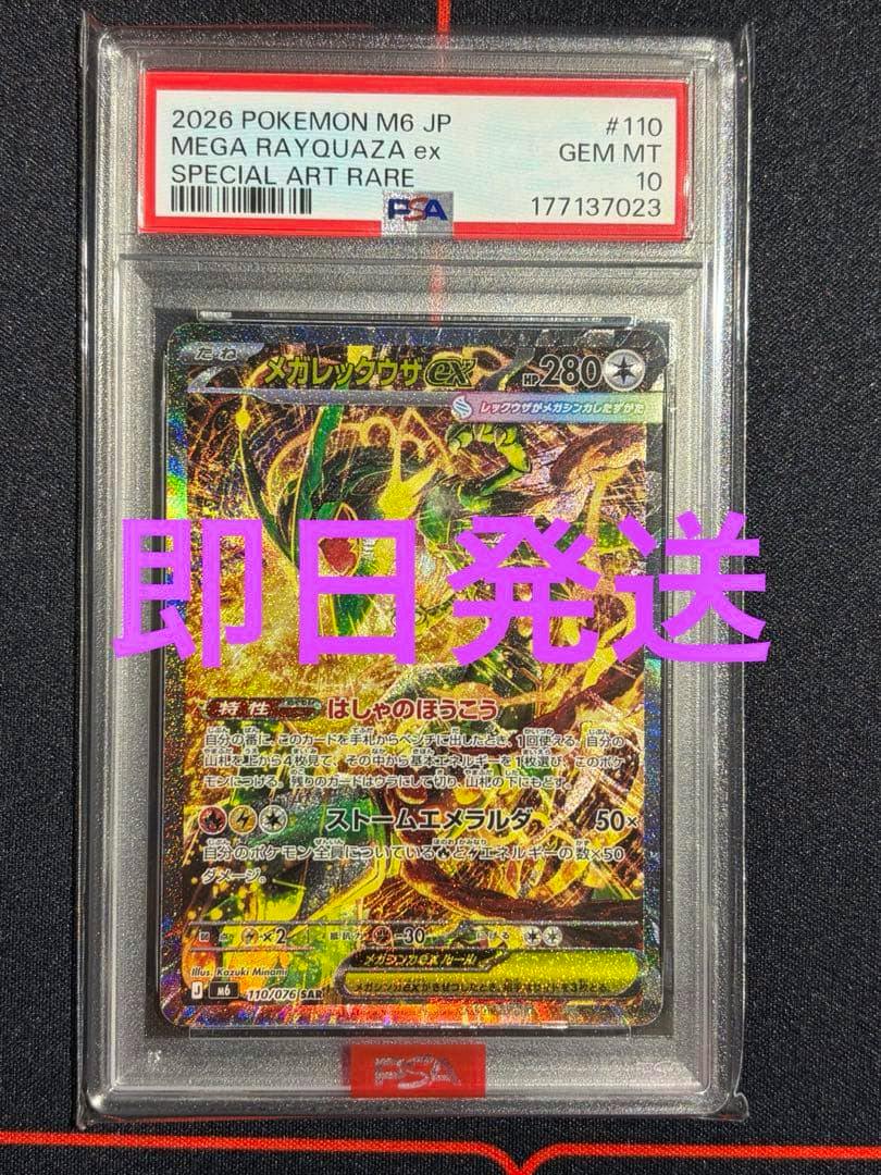 PSA-graded Mega Rayquaza ex Special Art Rare trading card shown in its clear PSA slab with pink Japanese text overlay.