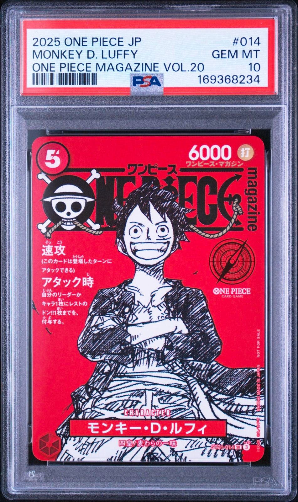 PSA-graded One Piece Magazine Monkey D. Luffy promo card in a PSA slab with GEM MT 10 label.