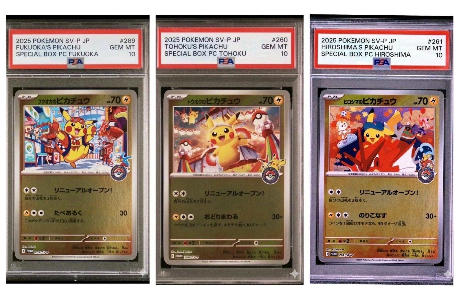 Three PSA-graded Pikachu promo trading cards (Fukuoka, Tohoku, Hiroshima) shown in protective slabs.