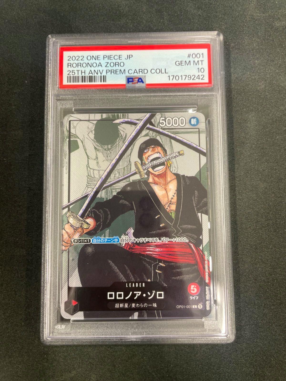 PSA-graded Roronoa Zoro trading card front in a clear slab with the PSA label visible.