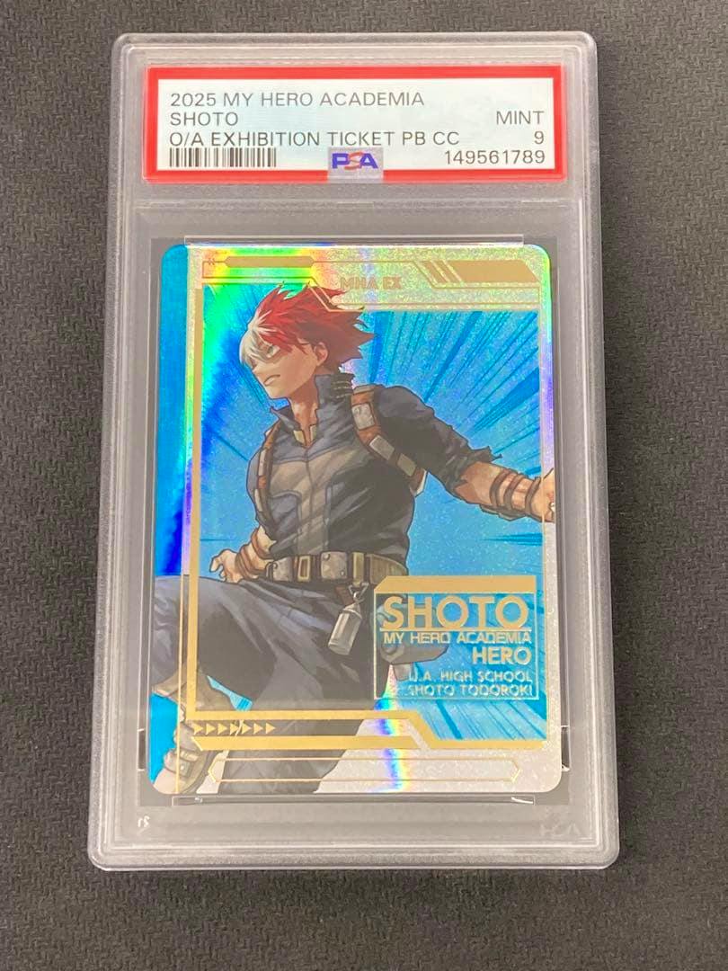 Front of the PSA-graded photocard showing holographic artwork of Shoto Todoroki from My Hero Academia inside a clear PSA slab with the label visible.