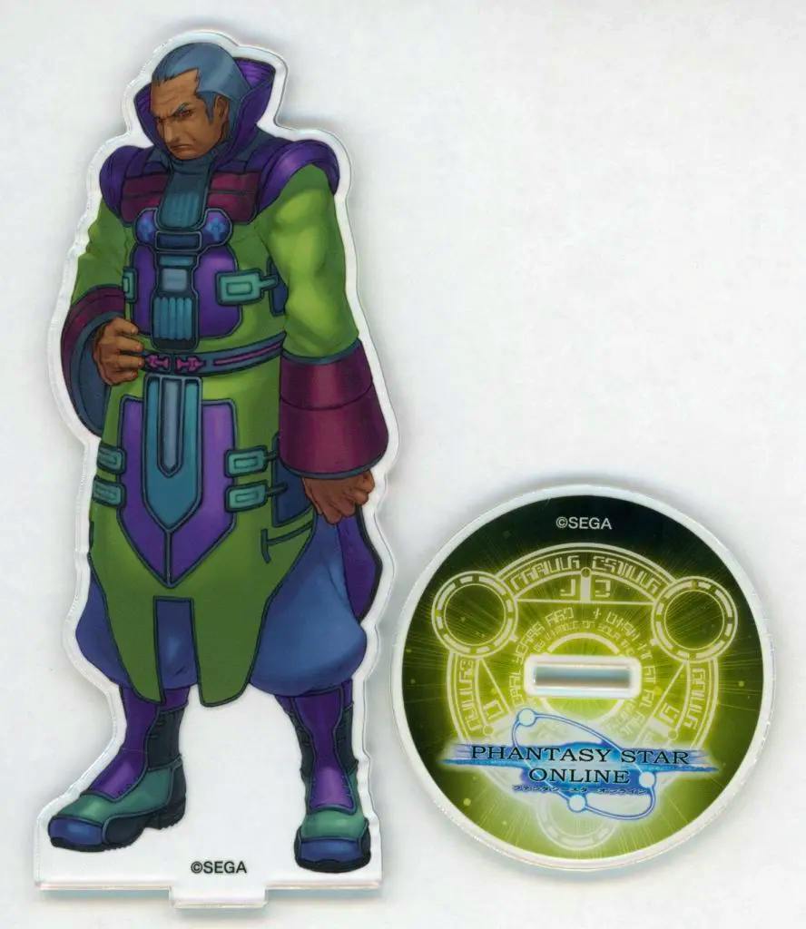 Photo of the acrylic character stand of Tyrell with its round Phantasy Star Online base on a white background.