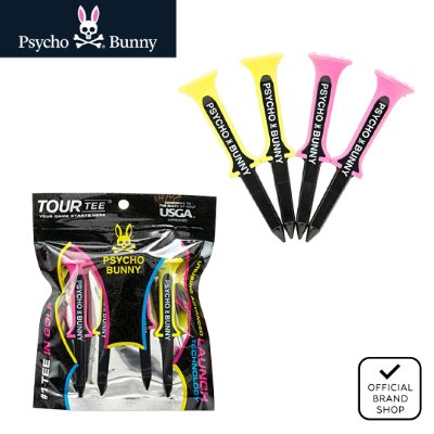 Packaged Psycho Bunny PB TOUR golf tees showing several colored tees and the brand logo.