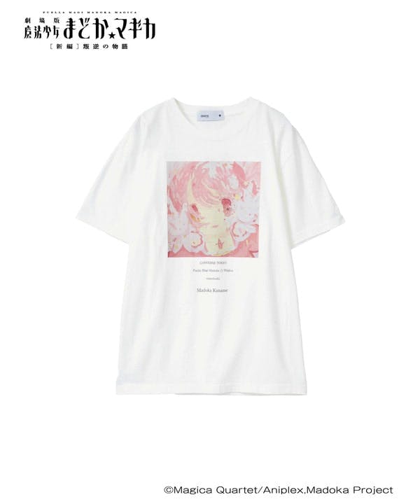 White men's cotton T-shirt shown flat with a centered square pink Madoka Magica print.