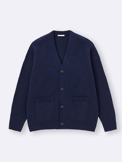 Flat-lay navy cardigan with a button front and two front pockets.