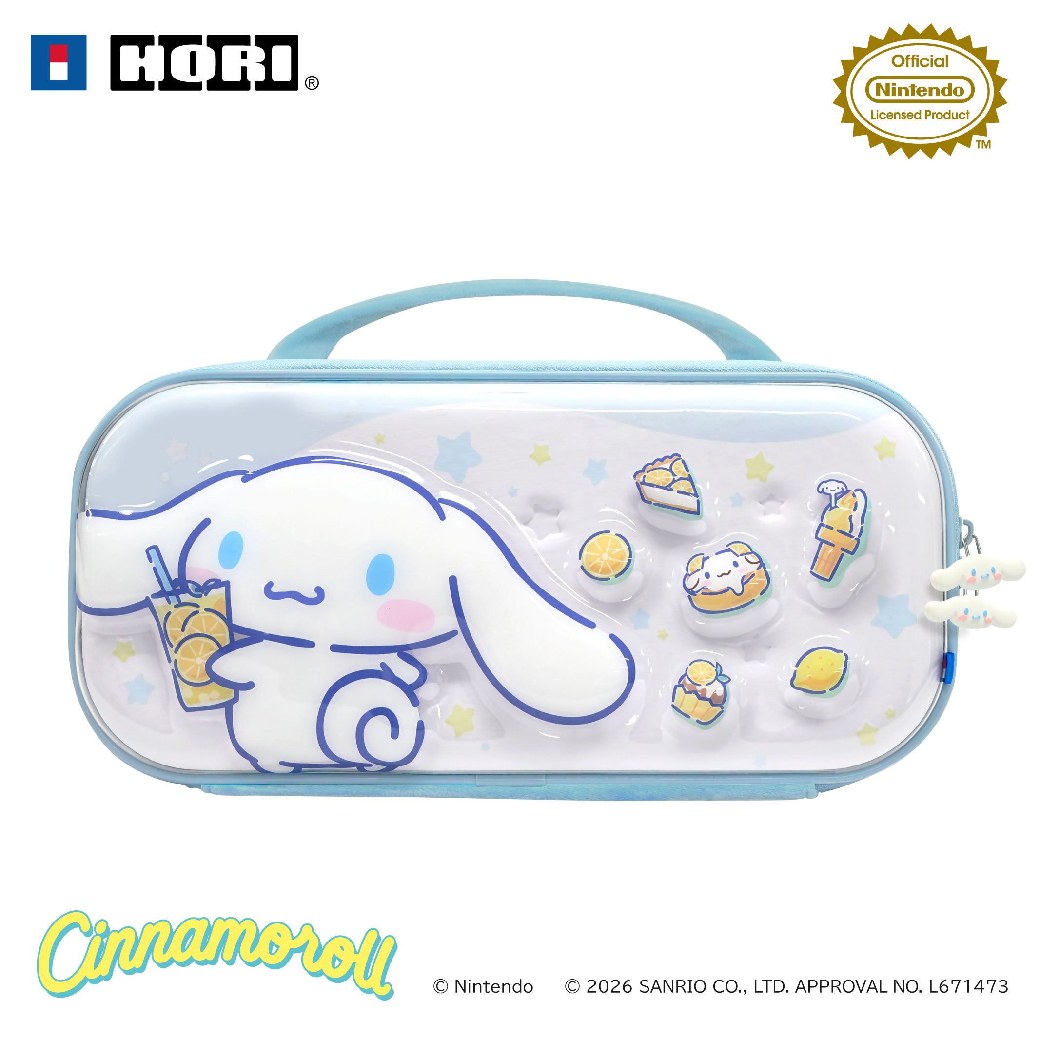 Front view of the Cinnamoroll-themed hybrid pouch for Nintendo Switch 2 showing a light-blue handled case with a raised Cinnamoroll character and small decorative icons.