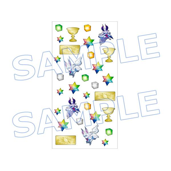 A sticker sheet on white background showing colorful star and cube stickers, gold trophy-like rectangles, small character illustrations, and a large SAMPLE watermark.