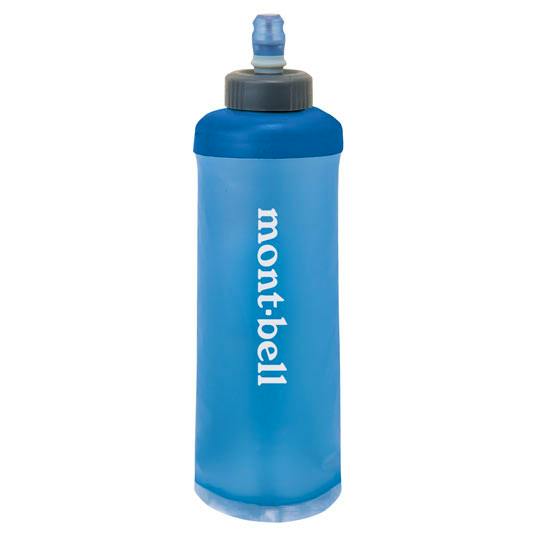 Blue flexible plastic water bottle with a gray screw cap, pull-top mouthpiece, and vertical white "mont-bell" logo.