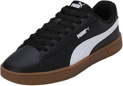 Angled side view of a black leather PUMA Ricky sneaker with a white formstrip and brown gum sole.
