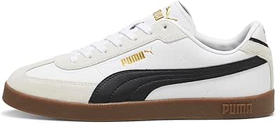 Side view of a white PUMA CLUB 2 ERA synthetic leather sneaker with a black formstrip and a gum-colored sole.