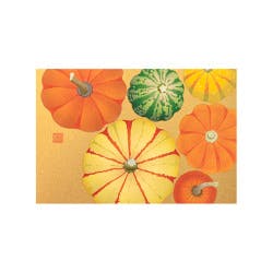 A postcard showing an illustrated pumpkin pattern with several stylized pumpkins on a gold background.