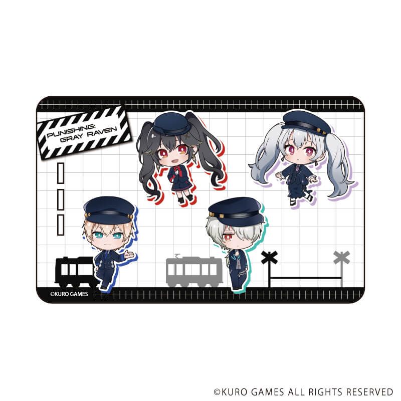 Rectangular plastic pass case showing a grid background and four chibi character illustrations in conductor-style outfits with a train motif.