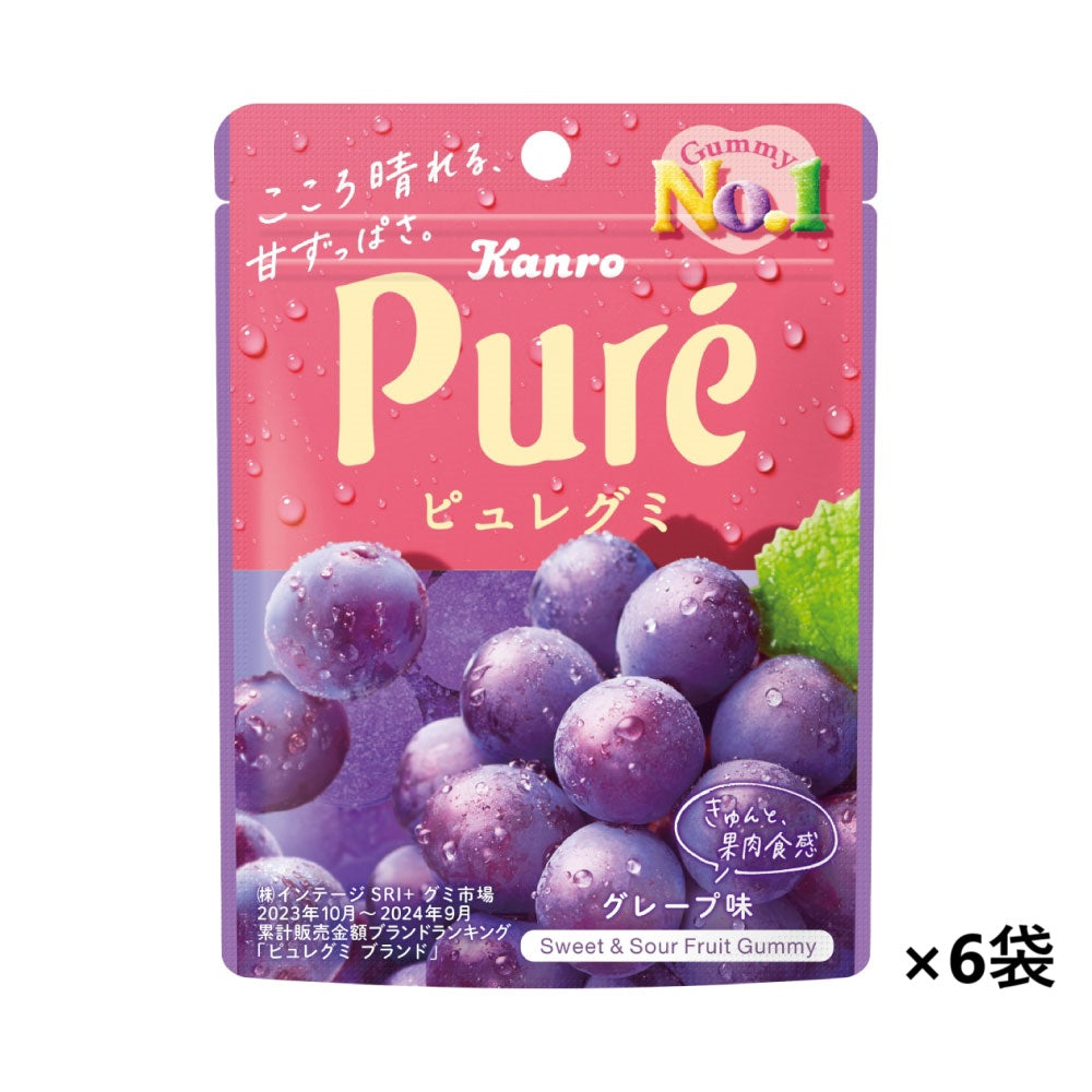 Front photo of a grape-flavored Puré gummy candy pouch showing a cluster of grapes and a '×6袋' quantity mark.