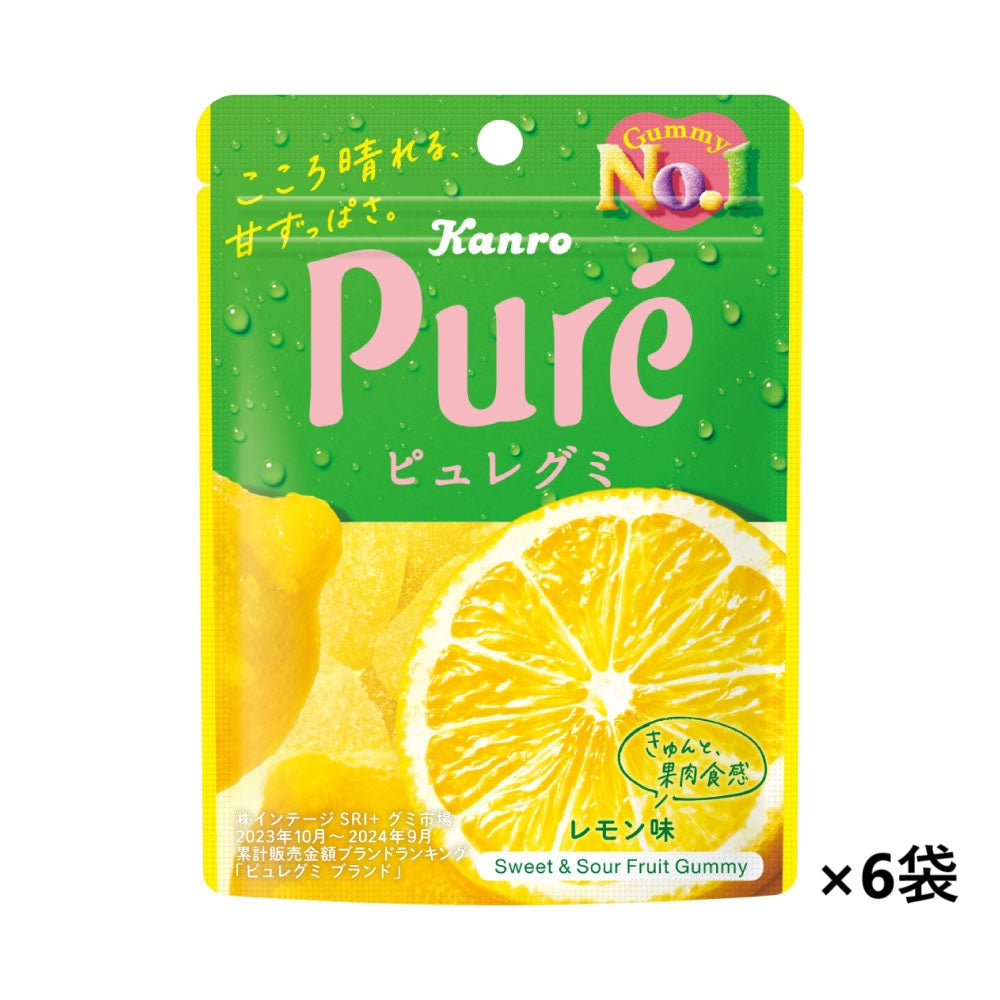 Front view of a Puré lemon-flavored gummy candy pouch showing lemon slices and text indicating a 6-bag set.