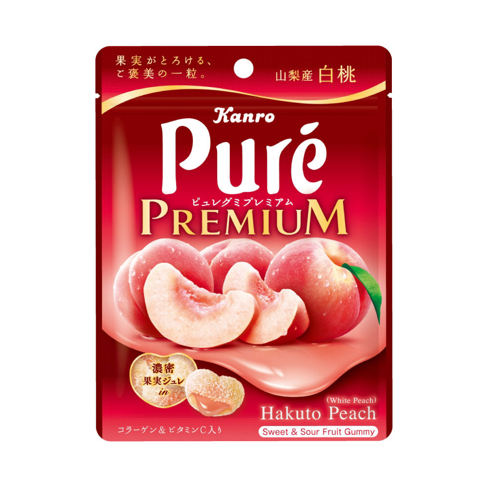 Front image of the red package for Pure Premium Hakuto (white peach) gummy candy showing peaches and the product branding.