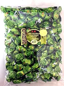 Clear plastic bag of Purele matcha-filled chocolates with many green individually wrapped pieces and a front label.