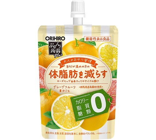 Front-facing spouted pouch of Orihiro grapefruit konnyaku jelly showing grapefruit illustrations and product text.