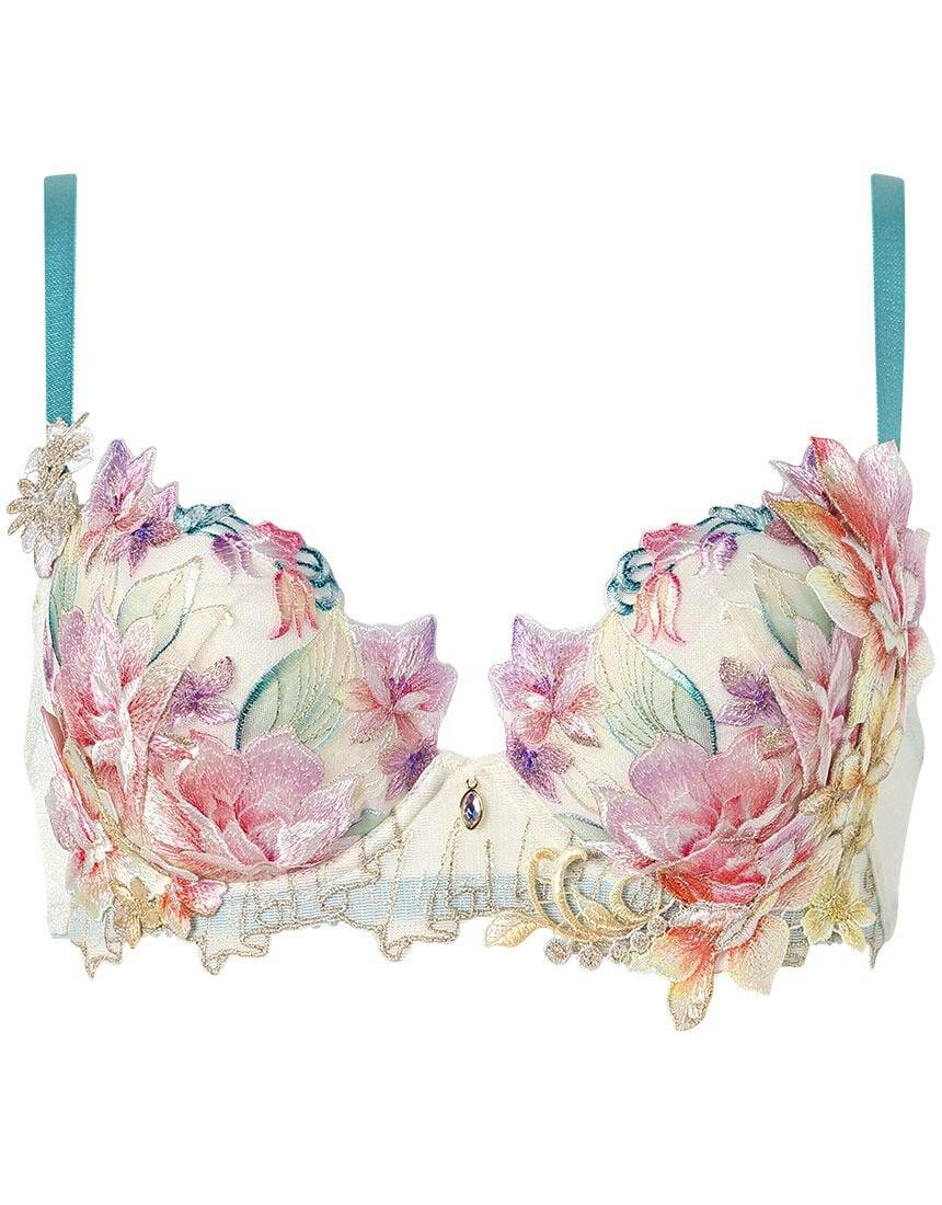 Front view of the push-up women's nylon bra with pastel floral embroidery and teal shoulder straps.