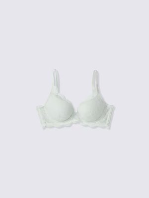 A lace push-up bra laid flat on a neutral background, shown from the front.