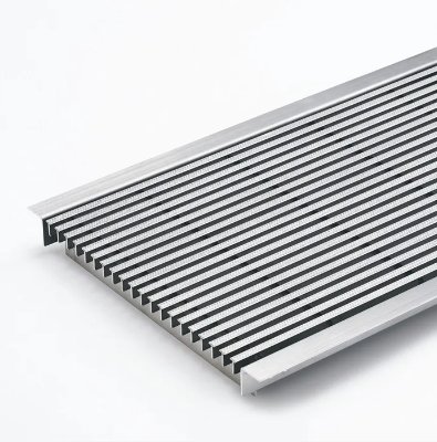 A stainless steel fine-parallel grating panel with narrow slats shown on a white background.